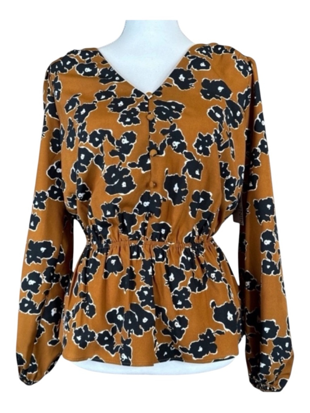 NINE WEST Floral Print Blouse, Long Sleeve, Elastic at Waist, Size S.